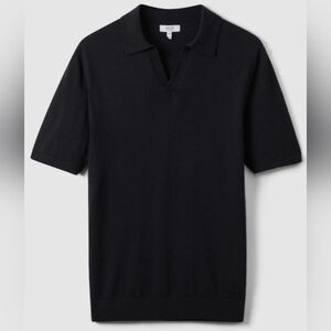 REISS Duchie Merino Wool Open-Collar Polo Shirt in Navy,Retail Price $158.00 USD